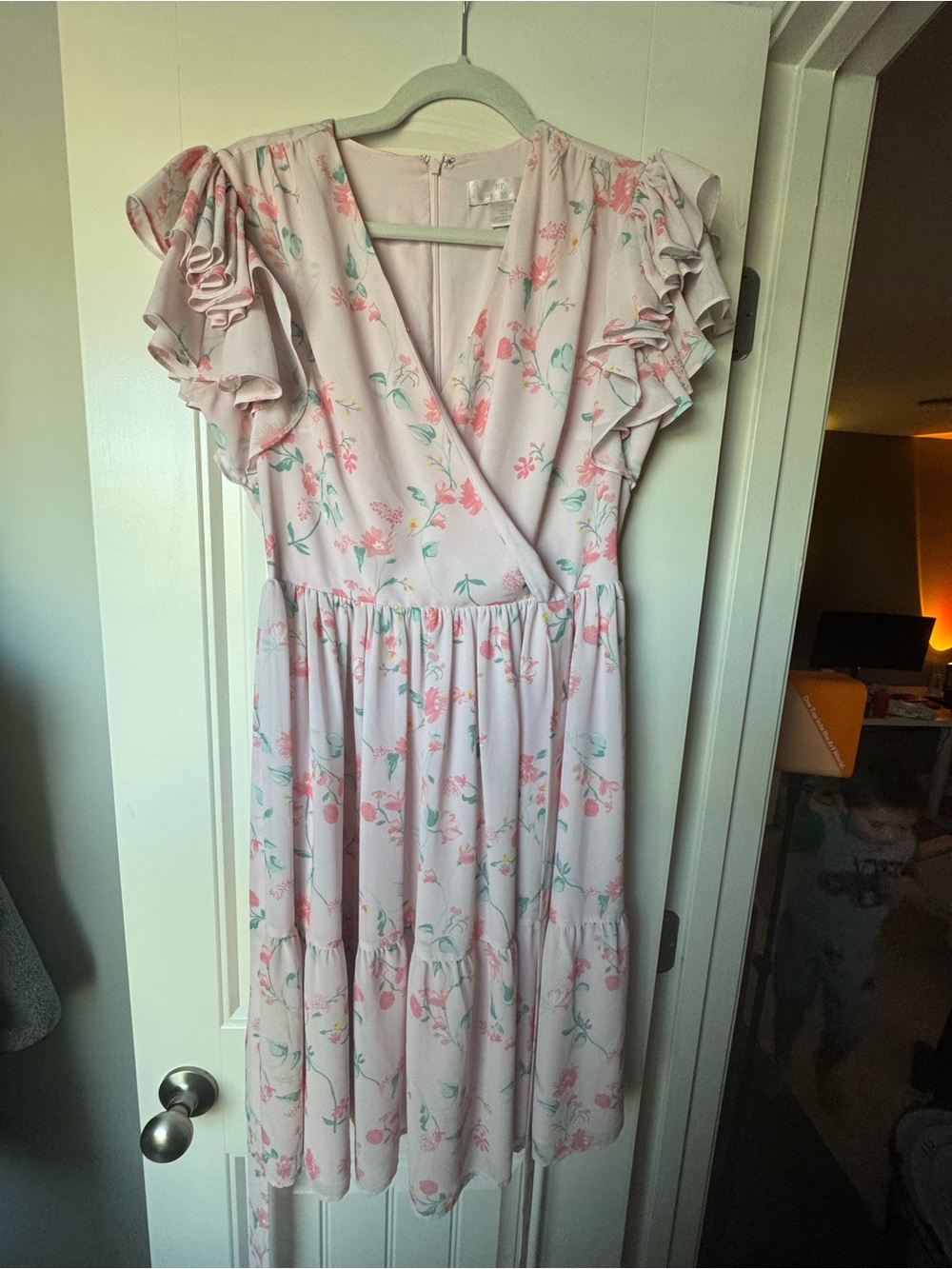 Rachel Parcell Pale Pink Floral Wrap Midi Dress with Ruffle Sleeves